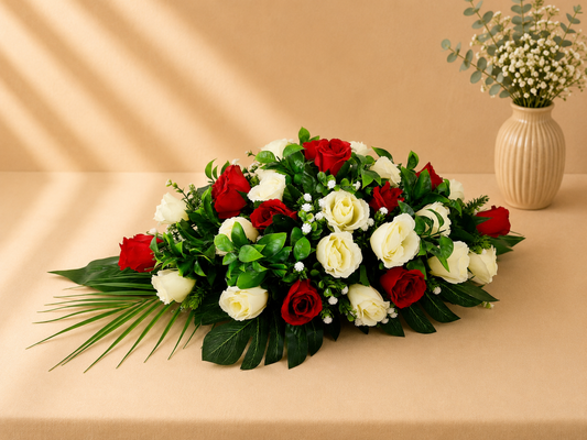 Coffin Spray - Red and Ivory Roses artificial silk coffin spray